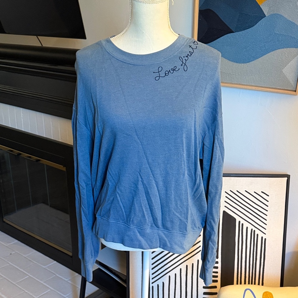 Blue Women's Top with 'Love First' Embroidery